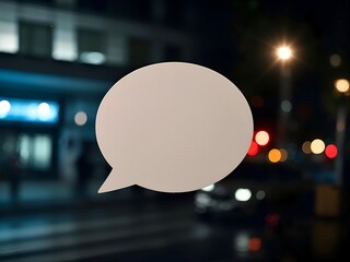 Empty speech bubble floats over a blurred city street at night, suggesting communication or a space for text against a backdrop of urban activity