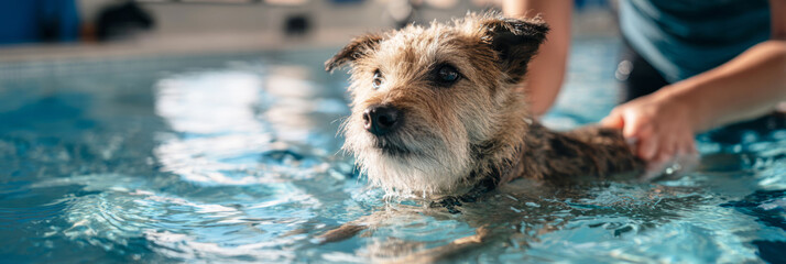 Dog walks on an underwater treadmill with the guidance of a trainer. This rehabilitation method helps improve the dog's strength and mobility in a safe environment, banner