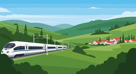 High-speed train traveling through green hills and village landscape ,for travel brochures and transportation advertising