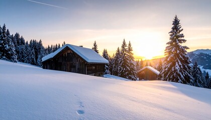 Obraz premium Rustic Cabin in Winter Wonderland at Sunset Snow Covered Landscape Peaceful Scenery Holiday Getaway Destination.
