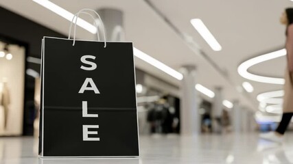 Red shopping bag with bold white SALE text stands prominently in a modern shopping mall, showcasing the excitement of Black Friday sale shopping and consumerism. 
