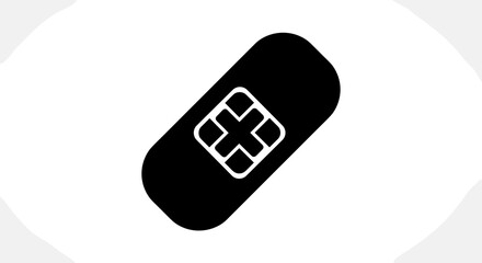 Black and white illustration of a bandage with a cross symbol representing first aid and medical care.
