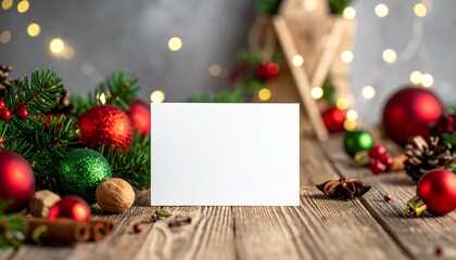 Holiday Mockup with Christmas Decorations and Blank Card on Wooden Table for Greeting or Invitation Message.