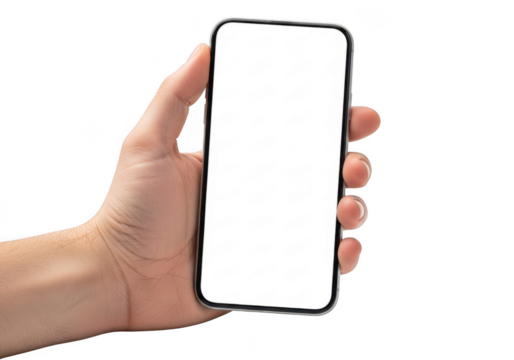 Hand holding modern smartphone with blank gray screen for digital content display transparent background