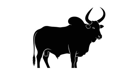 Black silhouette of a Zebu bull with large horns.