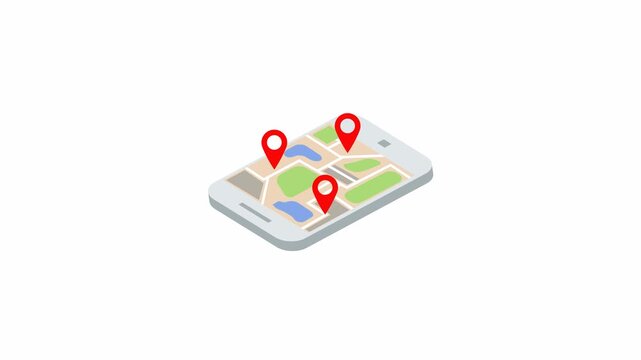 Isometric Smartphone with Digital Map and Location Pins.