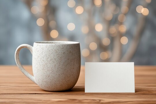 A mug and blank card sit on a wooden table against a blurred bokeh background - Powered by Adobe