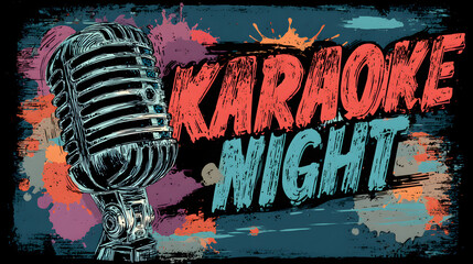 Karaoke Night Invitation with Vintage Microphone and Colorful Splashes.