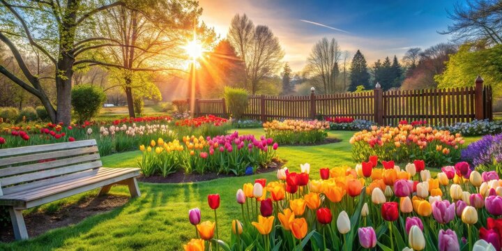 Serene sunrise illuminating a vibrant garden bursting with colorful tulips, a wooden bench inviting peaceful contemplation