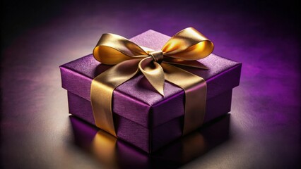 A luxuriously wrapped present, a deep purple box adorned with a radiant gold ribbon, sits elegantly on a dark, reflective surface, symbolizing a thoughtful gift or special occasion.
