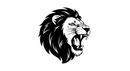 Monochrome illustration of a fierce roaring lion head.