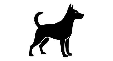 Black silhouette of a standing dog with pointed ears and a curled tail.