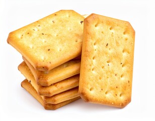 Fototapeta premium A stack of golden, crispy crackers isolated on a white background, ideal for food and snack-related projects.