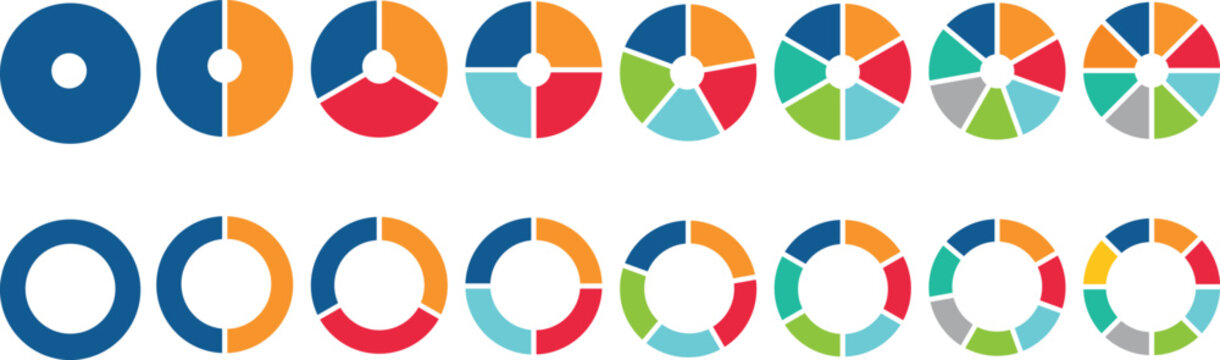 Set of colorful pie charts. Colorful pie charts with varying segments. Circle section graph. Pie chart set. Pie charts diagrams. Different color circles. donut and pie chart infographic elements set