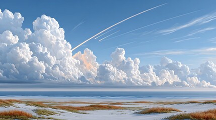 Dramatic Illustration of Space Launch with Clouds Over Coastal Landscape