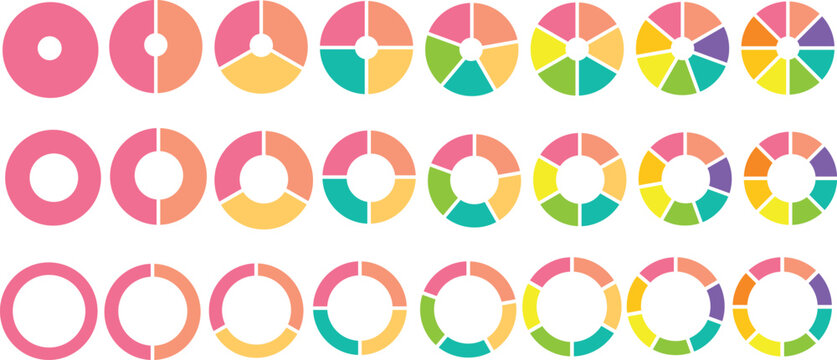 Pie charts diagram set. Circle pie charts 1,2,3,4,5,6,7,8,9,10,11,12 sections. Wheel round segment infographic part. Circle section graph. Pie charts diagrams