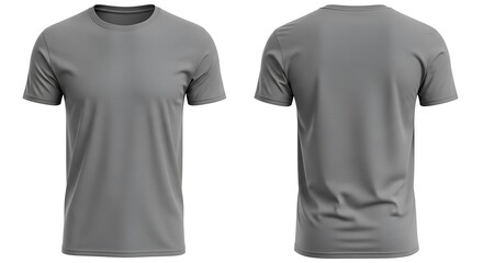 Front and back view of a man wearing a plain grey crew neck tshirt, isolated on white background