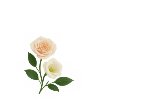 Pink rose and white lisianthus flowers with green leaves on transparent background, symbolizing beauty and romance