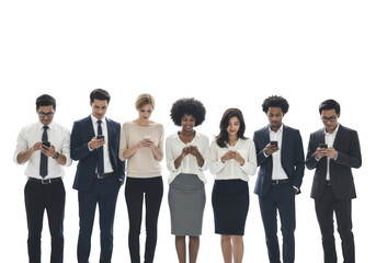 Obraz premium Diverse group of people using smartphones together in a modern setting transparent background
