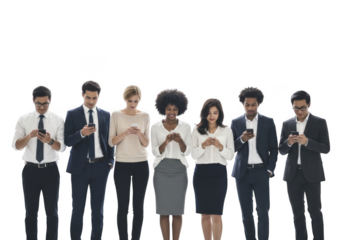 Diverse group of people using smartphones together in a modern setting transparent background