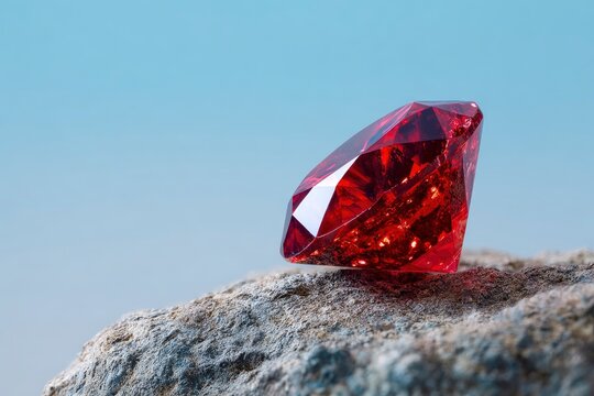 A faceted red gem sits atop a gray rock against a light blue sky