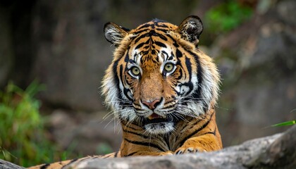 Focused tiger face, vibrant stripes against soft green/gray background, intense gaze, resting atop rock