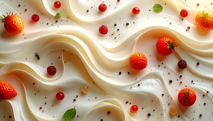 Creamy white waves interspersed with strawberries, raspberries, mint, and tiny speckles. Delicious and visually appealing