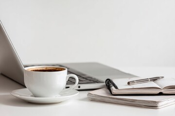 A workspace showing a laptop coffee cup notebooks and a pen against a plain background