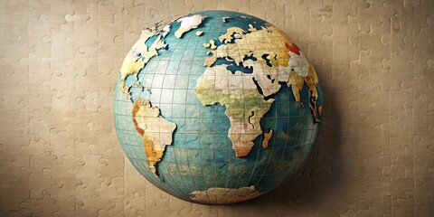 An aged globe rests against a jigsaw puzzle background, symbolizing global interconnectedness and the complex challenges of unity