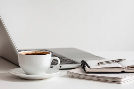 A workspace showing a laptop coffee cup notebooks and a pen against a plain background