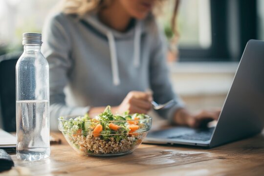 Woman eats salad works on laptop glass water bottle beside bowl on wooden table