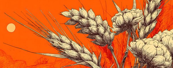 Fototapeta premium Cereal rye bread background. Leaves and ears of wheat wrapper. Agriculture straw. Orange contour line vector. Horizontal banner.