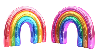 Colorful glitter rainbow 3D icons bundle isolated on transparent background