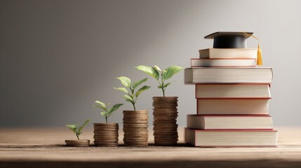 Investment in Future Education. Money Savings Concept Symbolized by Plants Growing out of Stacks of Coins Next to Pile of Books Topped with Graduation Cap, Representing Financial Planning for College