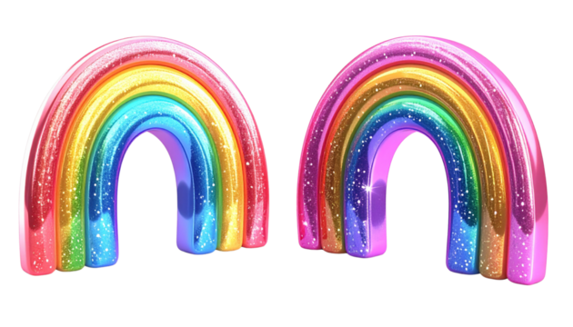 Colorful glitter rainbow 3D icons bundle isolated on transparent background