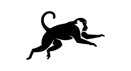 Black and white silhouette of a monkey running isolated on a clean white background showcasing its dynamic movement and form.