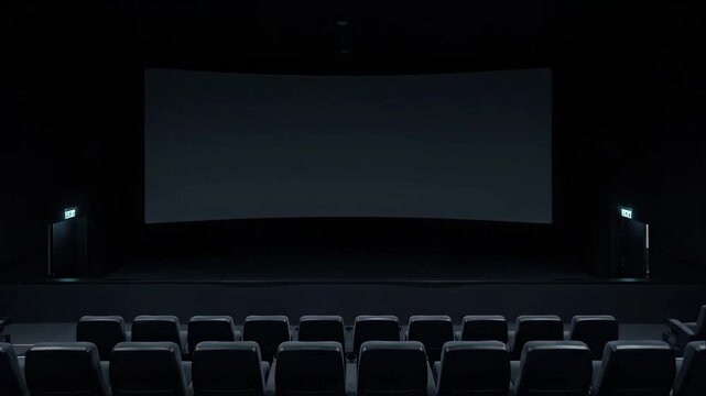 Empty movie theater with auditorium seating in cinematic hall. Blank big screen for film projection, dimming light sequence.