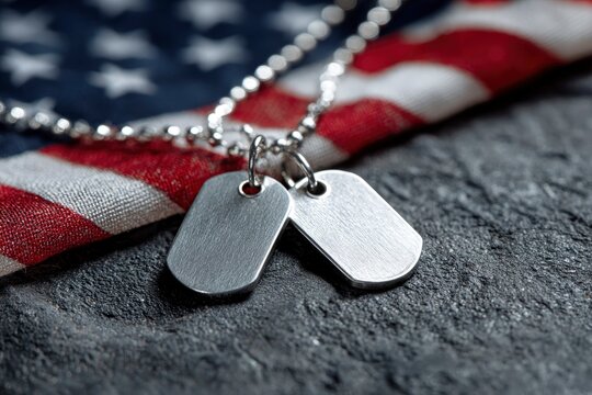 Two military dog tags rest on rough gray stone draped with a blurred American flag and a beaded chain