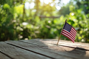 US flag on weathered wood table nature backdrop sunlight