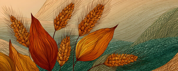 Fototapeta premium Cereal rye bread background. Leaves and ears of wheat wrapper. Agriculture straw. Orange contour line vector. Horizontal banner.