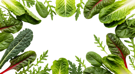 A vibrant assortment of fresh green leafy vegetables, including romaine lettuce, kale, and arugula, arranged in a decorative border on a clean transparent background