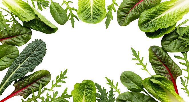 A vibrant assortment of fresh green leafy vegetables, including romaine lettuce, kale, and arugula, arranged in a decorative border on a clean transparent background