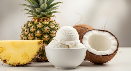 Delicious scoop of tropical ice cream surrounded by fresh pineapple slices and ripe coconuts offering a refreshing summer dessert experience