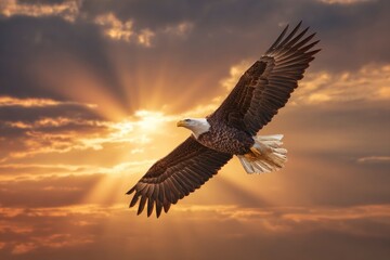 Fototapeta premium An eagle soars against a backdrop of golden sunset clouds