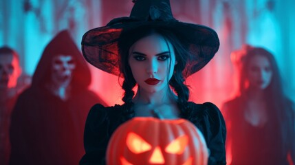 Enchanted evening: fantasy figures at a spooky soiree. Dark aesthetic. Mystical party: seductive witch lighting up the stage with iconic figures. Vivid gradient. Art direction.