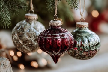 Three vintage glass Christmas ornaments in red, silver, and green with textured patterns hanging from a pine tree branch with blurred holiday lights in background