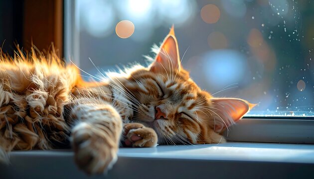 Ginger cat asleep on a window ledge with sunlight illuminating its fur and a bokeh city background - Powered by Adobe