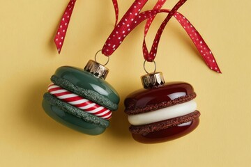 Two colorful macaron-shaped Christmas ornaments with glossy surfaces and decorative cream-like centers hanging from red ribbon loops on a yellow background