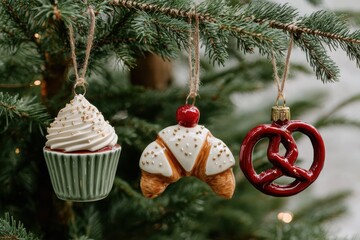 Three creative Christmas ornaments shaped like a cupcake, croissant with cherry, and pretzel hang from a pine tree branch with a blurred green background