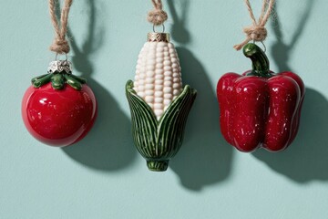Three glossy Christmas ornaments shaped like a tomato, corn on the cob, and red bell pepper hang on twine against a soft aqua-colored wall background